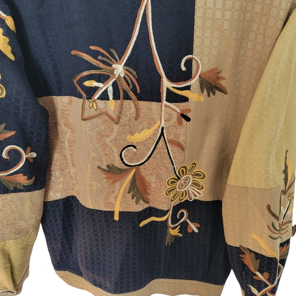 Vintage 90’s Jacket Lagenlook Black Tan Color Block Embroidered Patchwor… - Picture 8 of 16